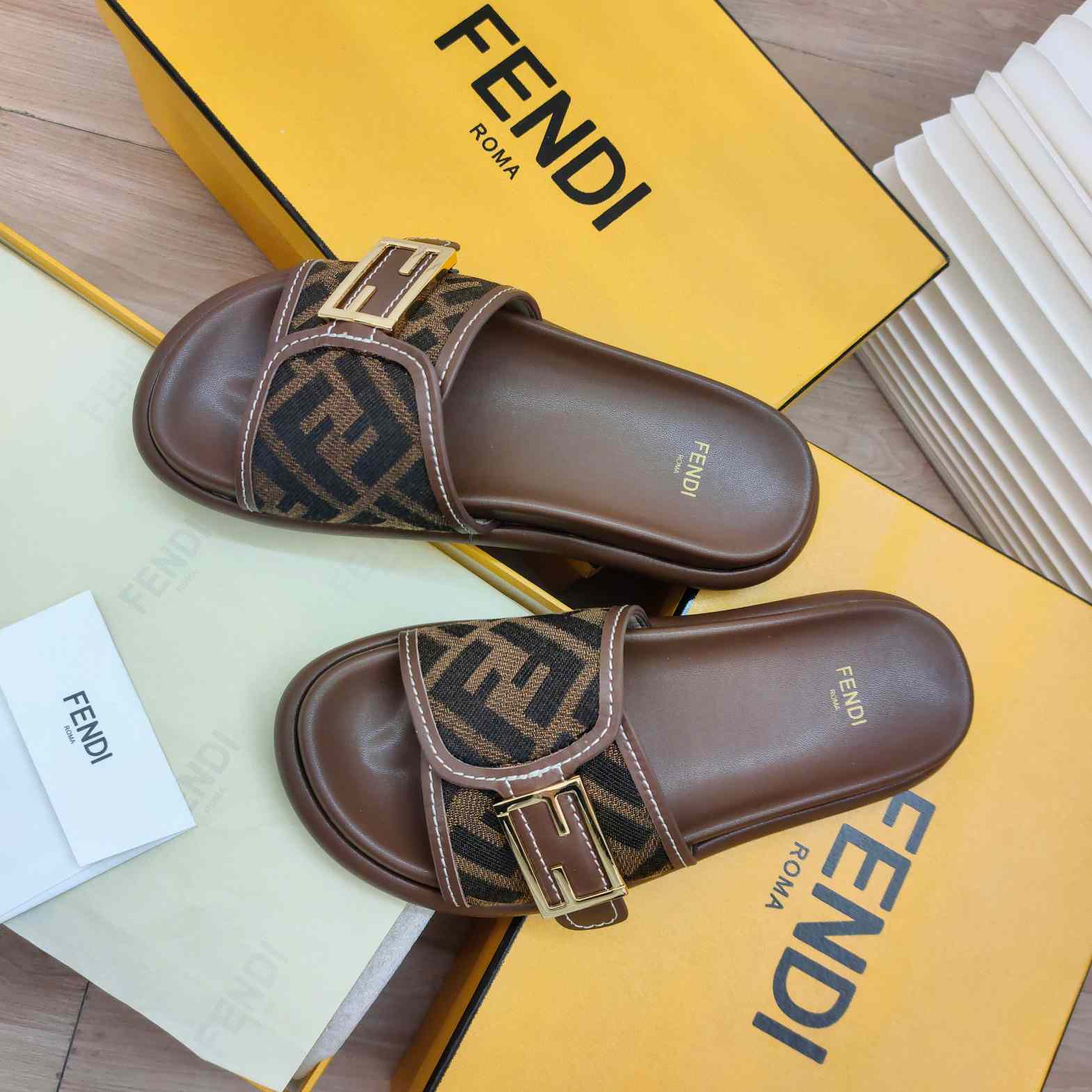 Fendi Feel Brown Fabric Slides - PerfectKickZ