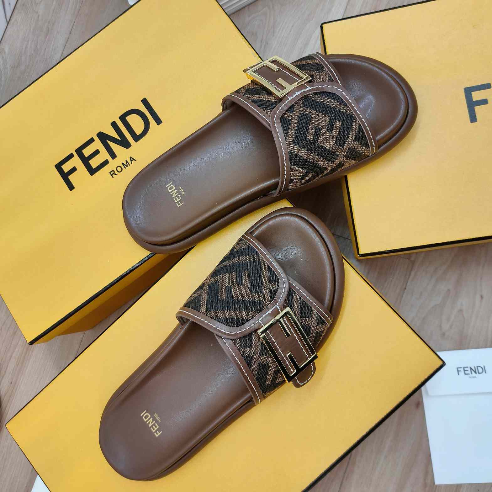 Fendi Feel Brown Fabric Slides - PerfectKickZ