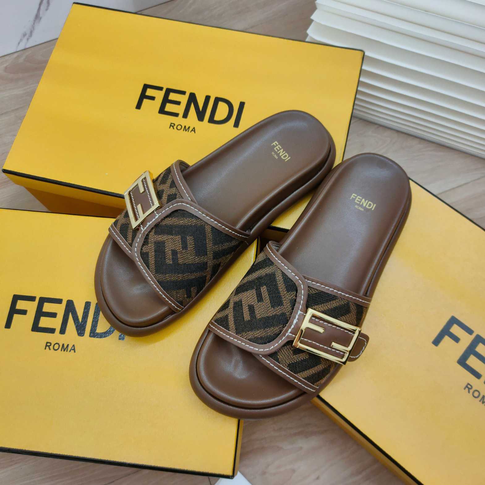 Fendi Feel Brown Fabric Slides - PerfectKickZ