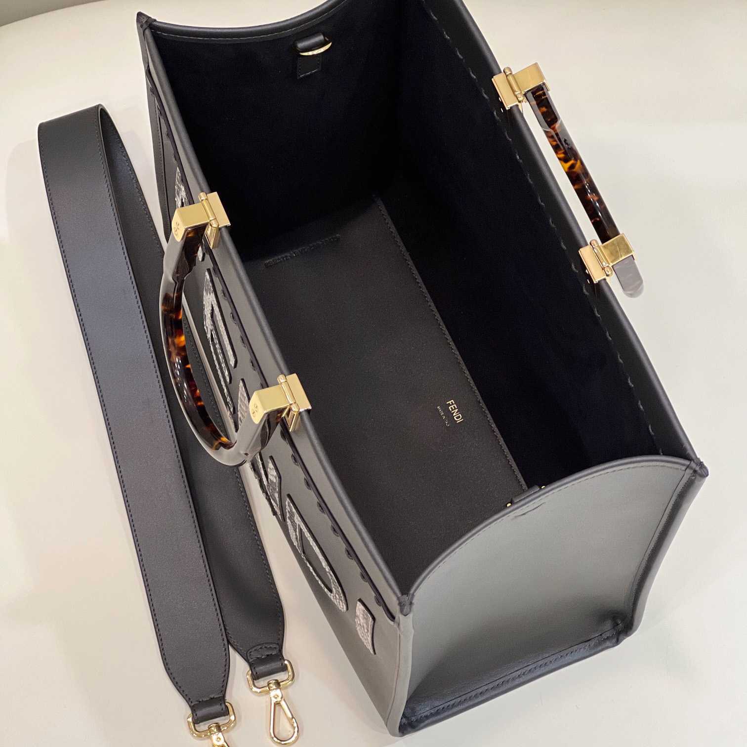 Fendi Sunshine Medium Dark Gray Leather And Elaphe Shopper - PerfectKickZ