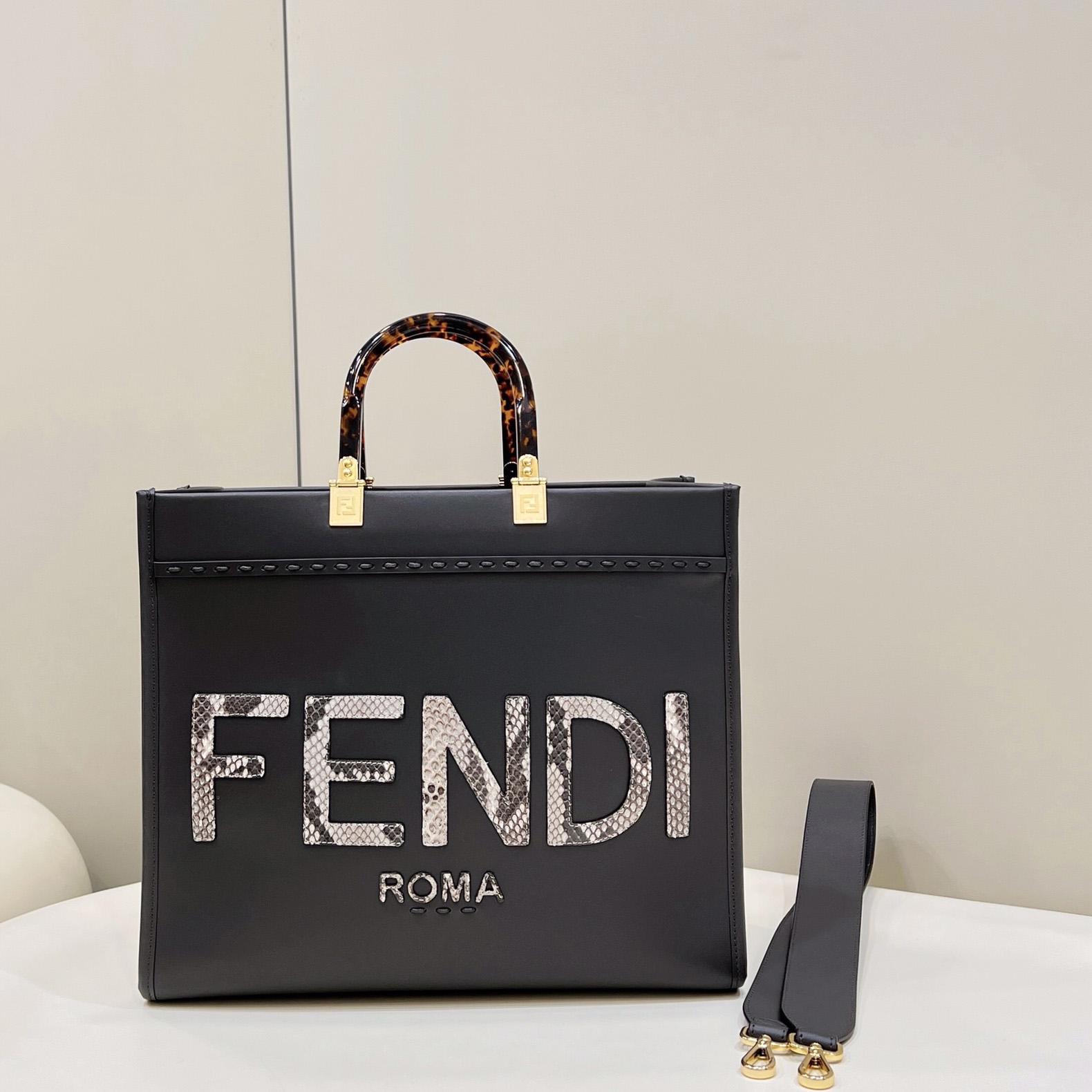 Fendi Sunshine Medium Dark Gray Leather And Elaphe Shopper - PerfectKickZ