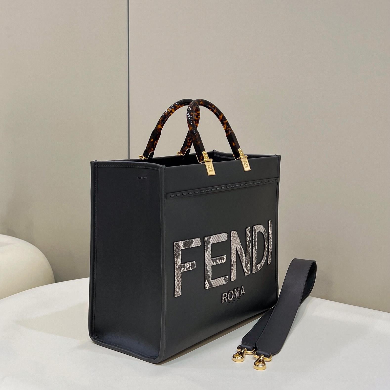 Fendi Sunshine Medium Dark Gray Leather And Elaphe Shopper - PerfectKickZ