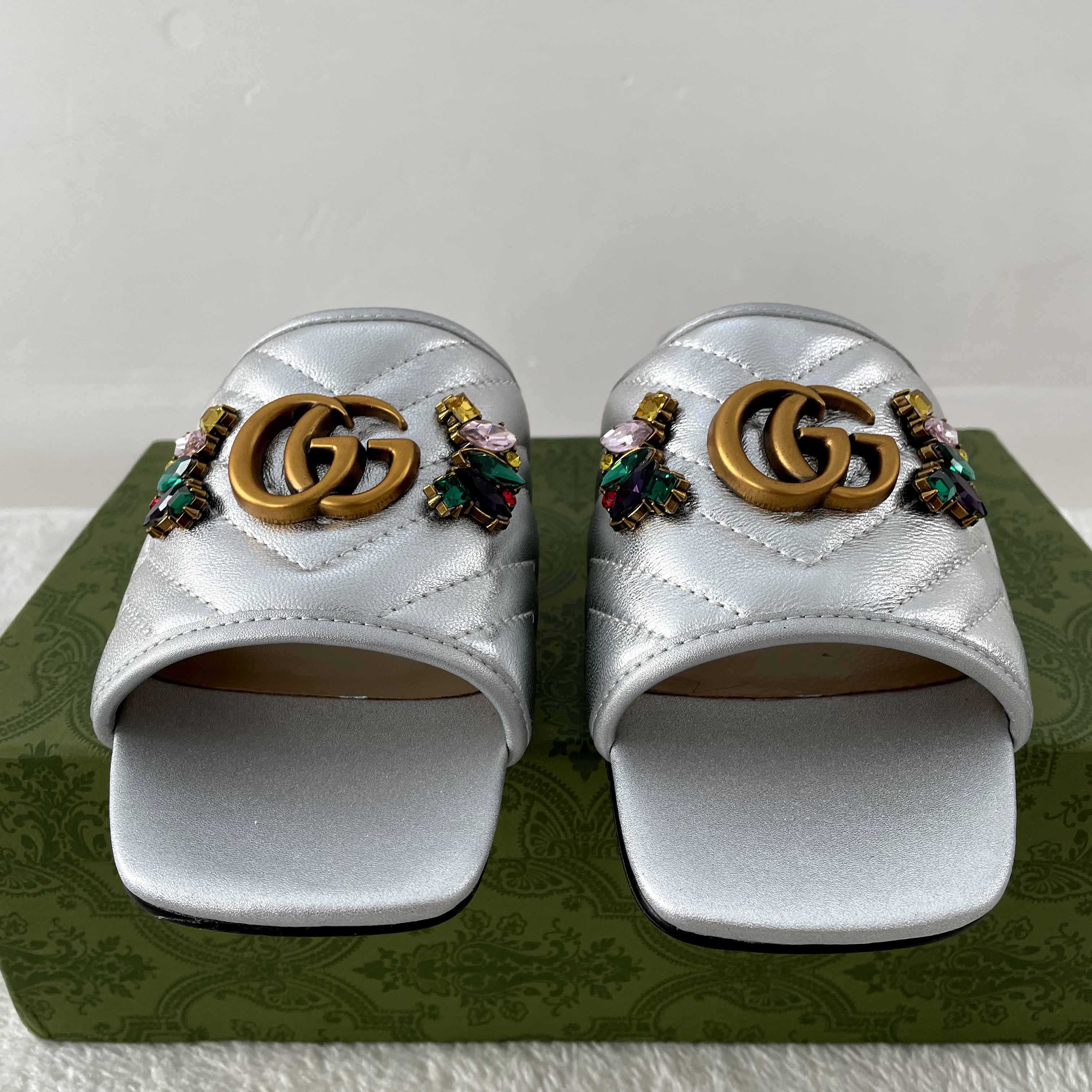 Gucci Women's Crystal Embellished Leather Slide Sandals - PerfectKickZ