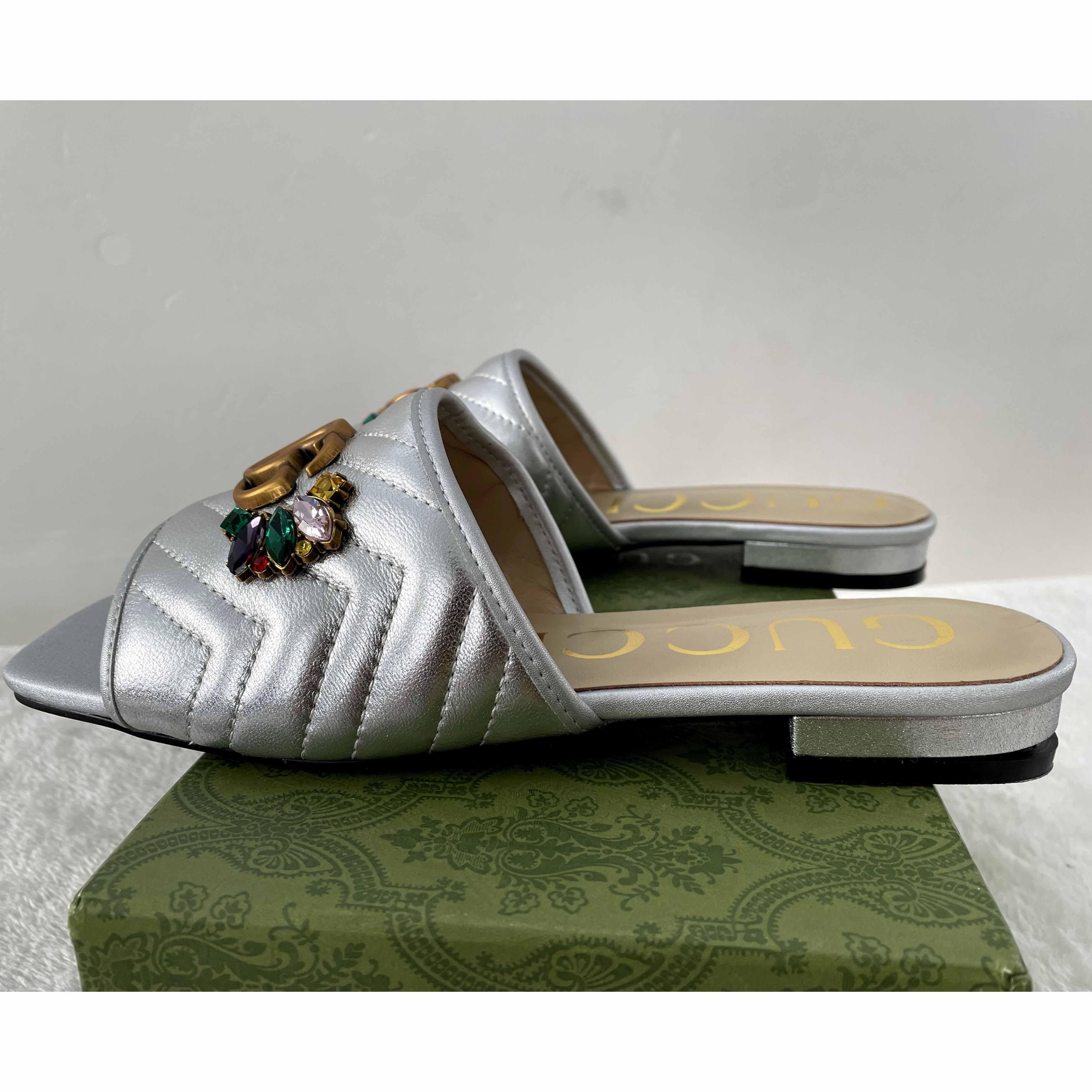 Gucci Women's Crystal Embellished Leather Slide Sandals - PerfectKickZ
