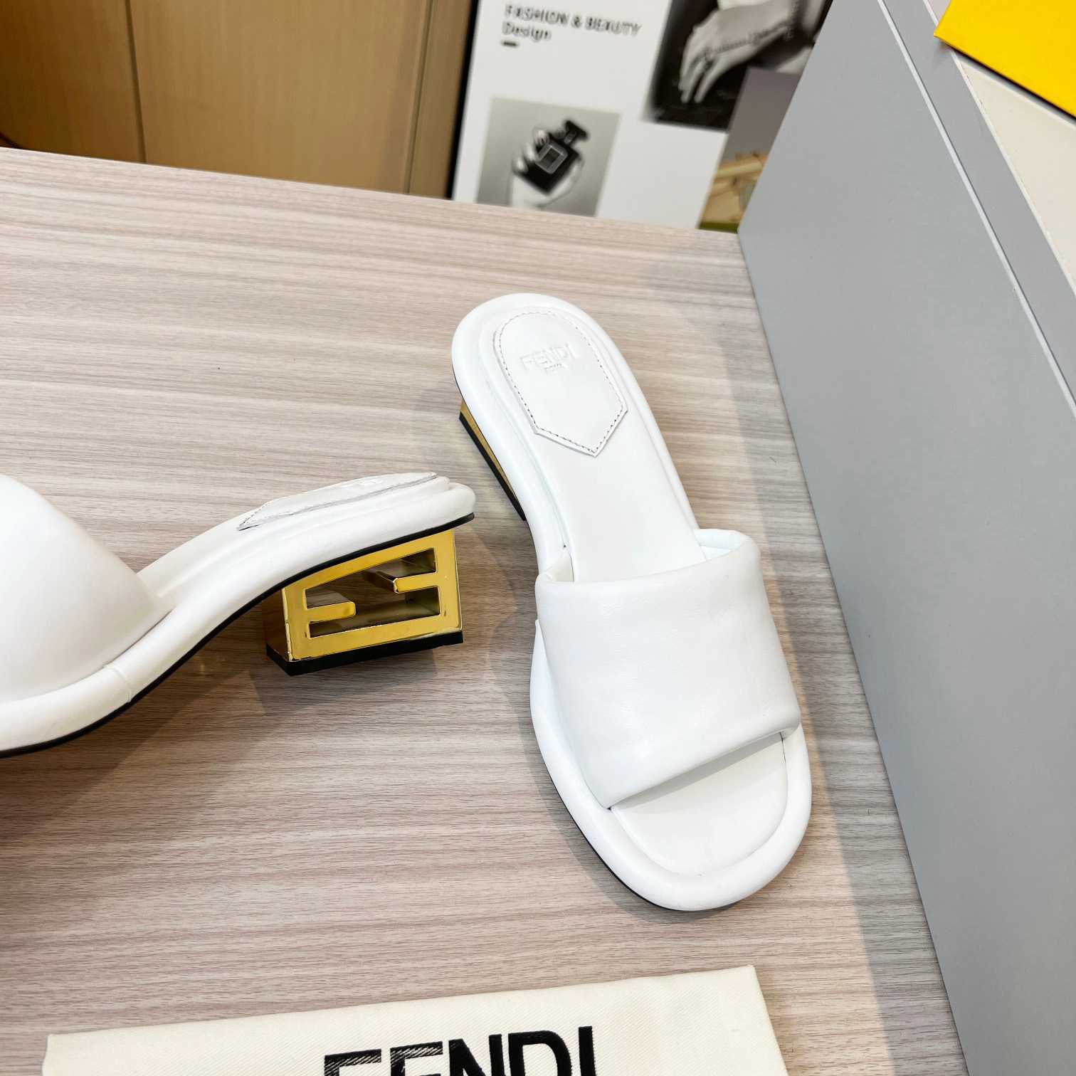 Fendi Baguette White Nappa Leather Slides - PerfectKickZ