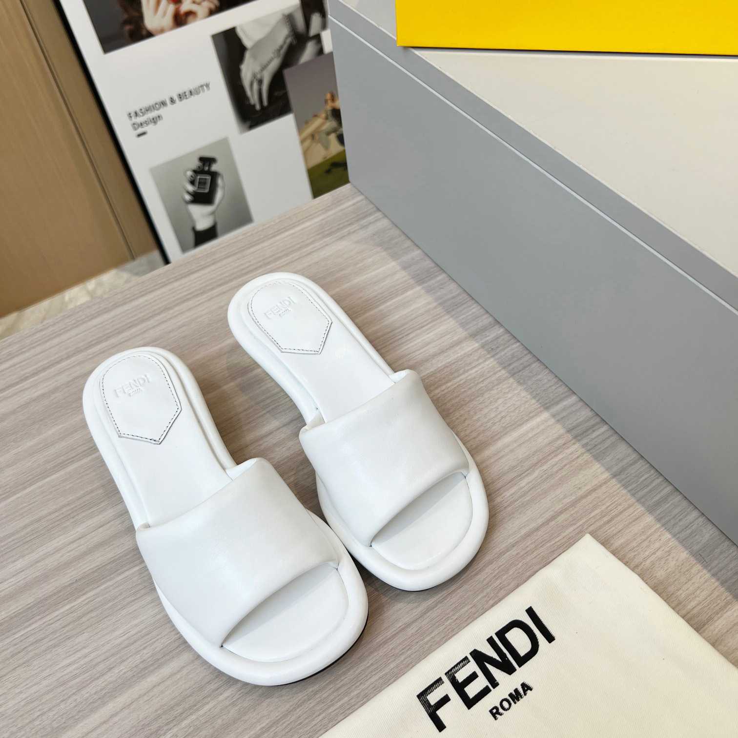 Fendi Baguette White Nappa Leather Slides - PerfectKickZ