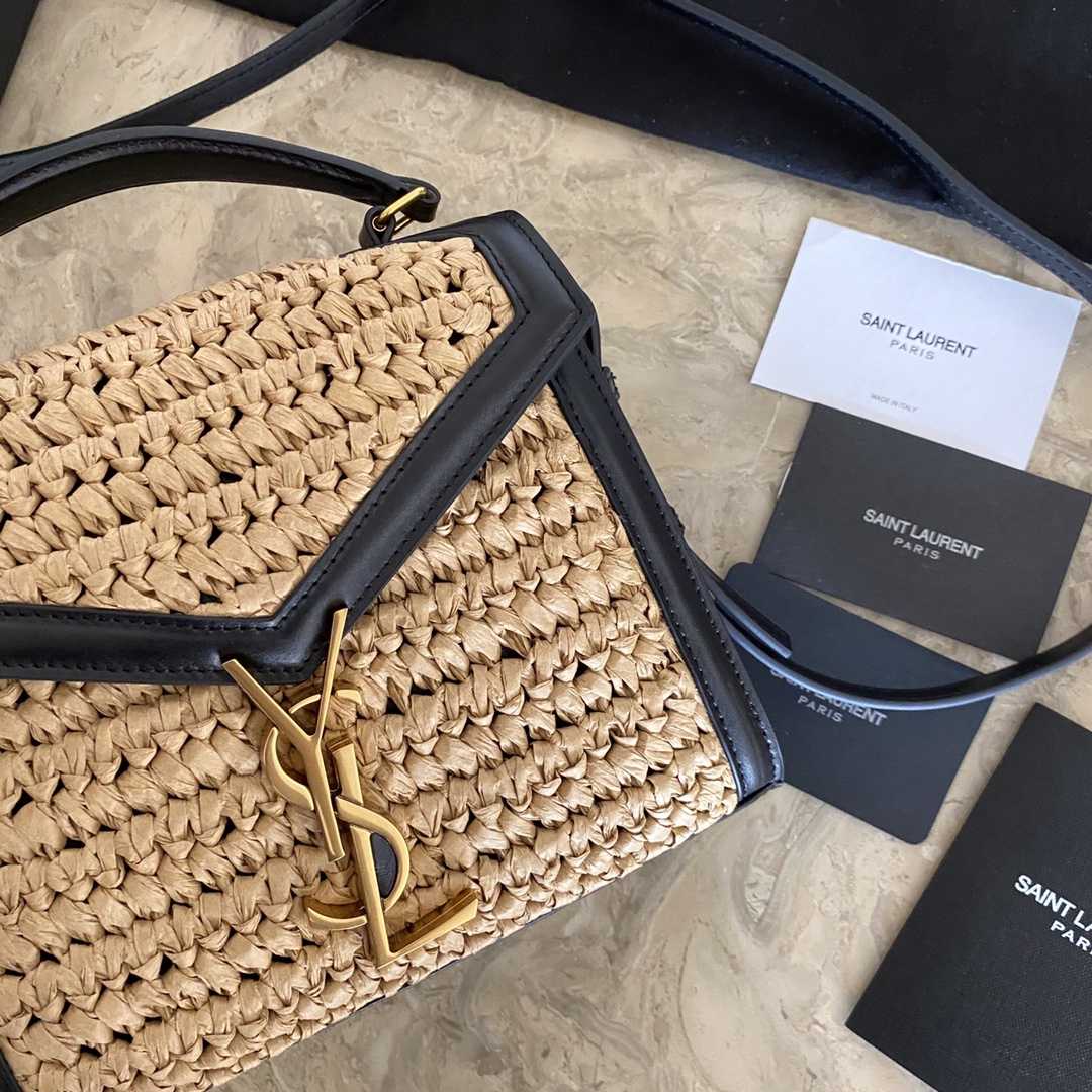 Saint Laurent Cassandra Mini Top Handle Bag In Raffia And Vegetable-Tanned Leather - PerfectKickZ