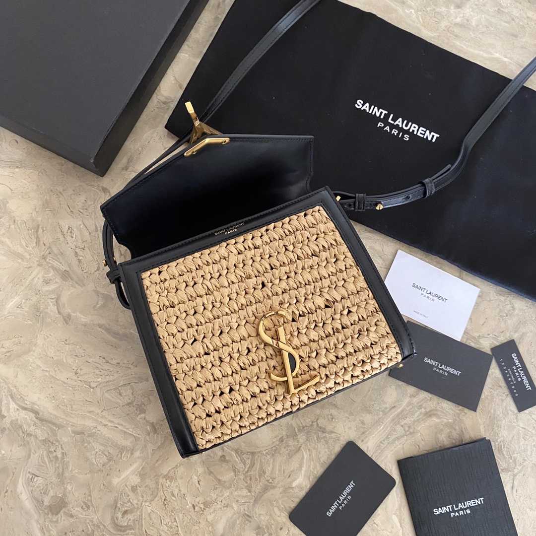 Saint Laurent Cassandra Mini Top Handle Bag In Raffia And Vegetable-Tanned Leather - PerfectKickZ