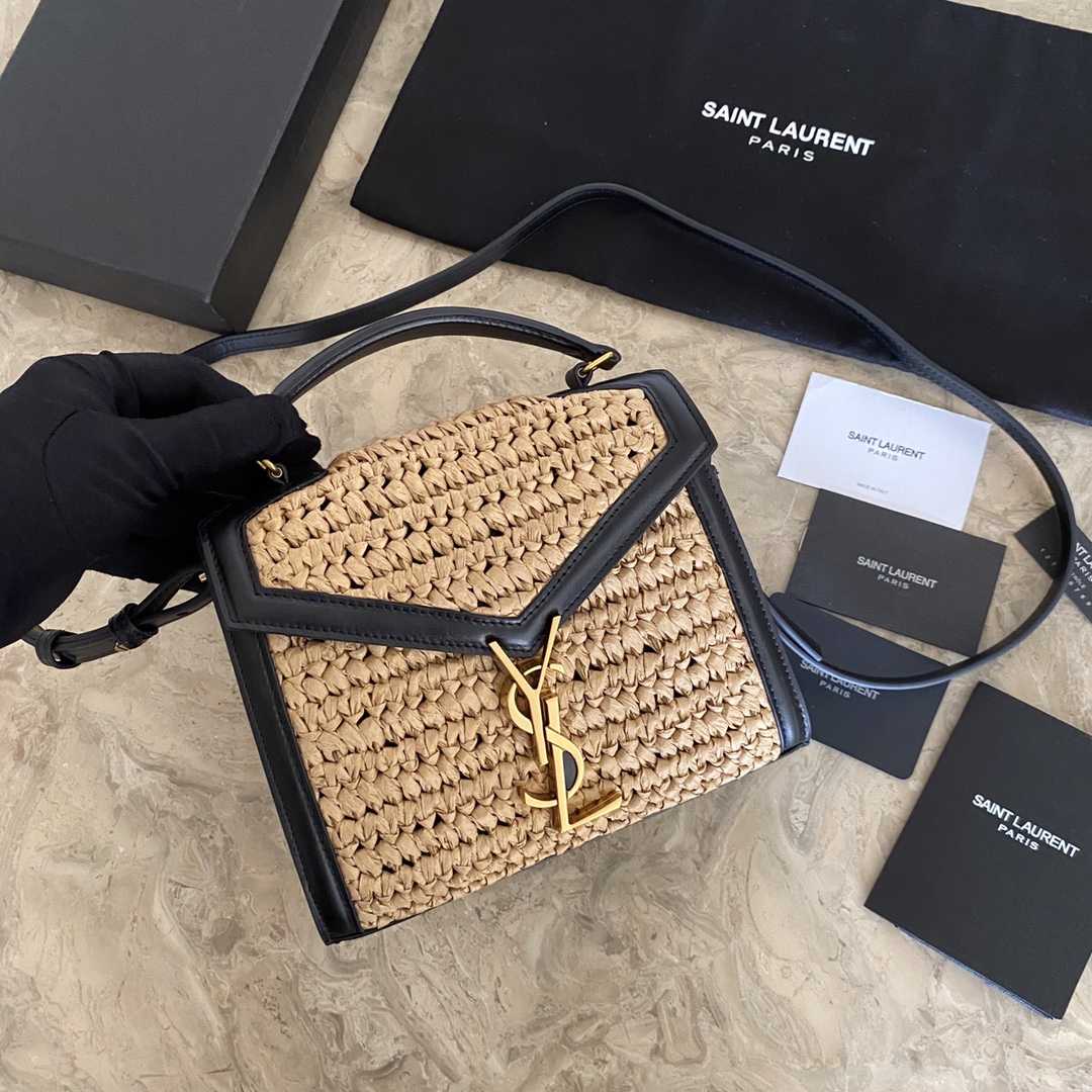 Saint Laurent Cassandra Mini Top Handle Bag In Raffia And Vegetable-Tanned Leather - PerfectKickZ