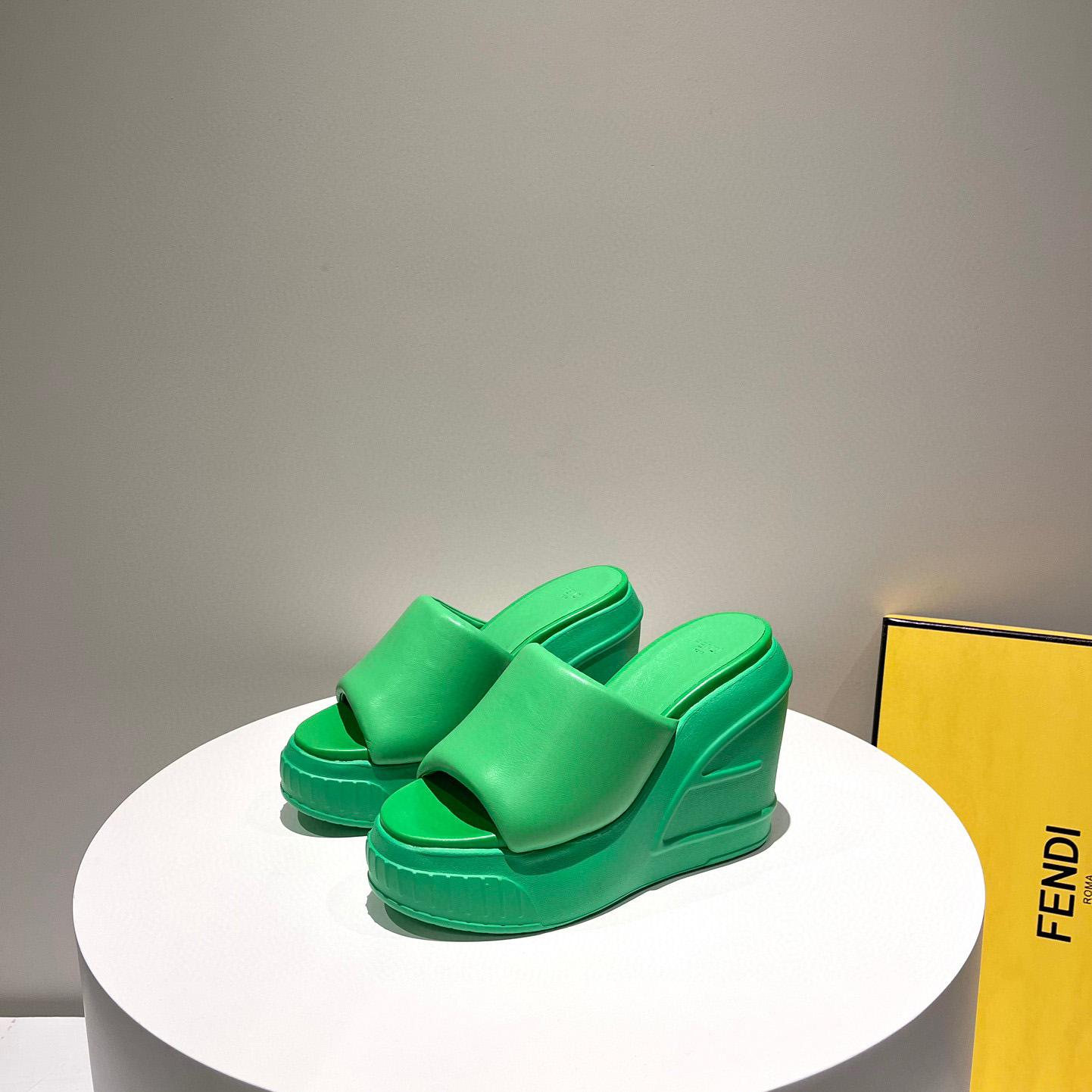 Fendi Fashion Show Green Nappa Leather Slides - PerfectKickZ