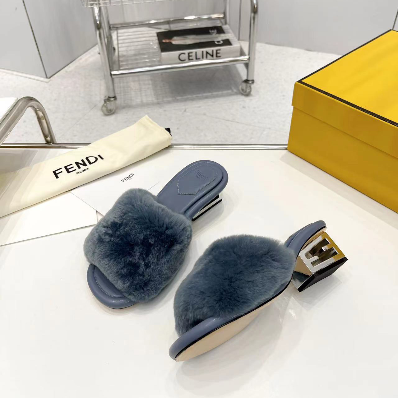 Fendi Baguette Blue Mink Slides - PerfectKickZ
