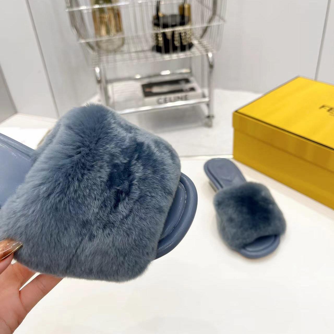 Fendi Baguette Blue Mink Slides - PerfectKickZ