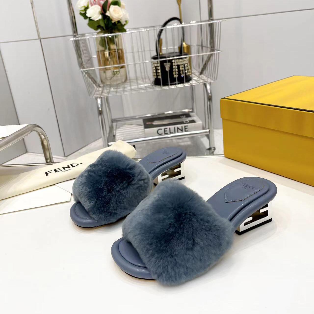 Fendi Baguette Blue Mink Slides - PerfectKickZ