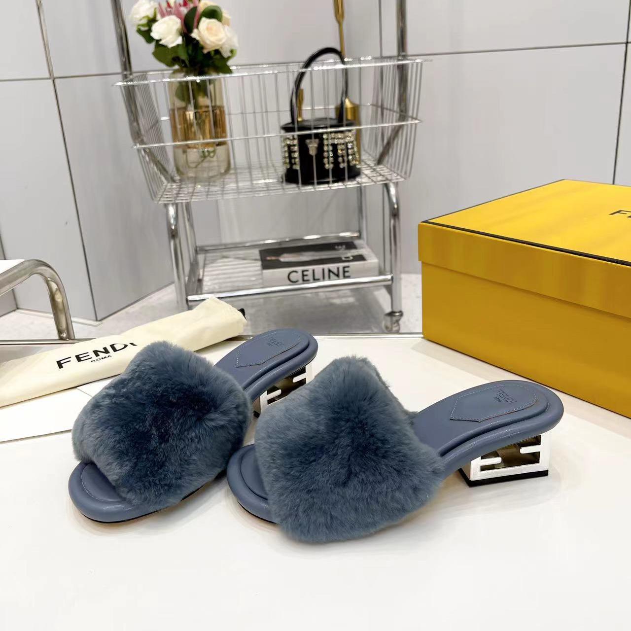Fendi Baguette Blue Mink Slides - PerfectKickZ