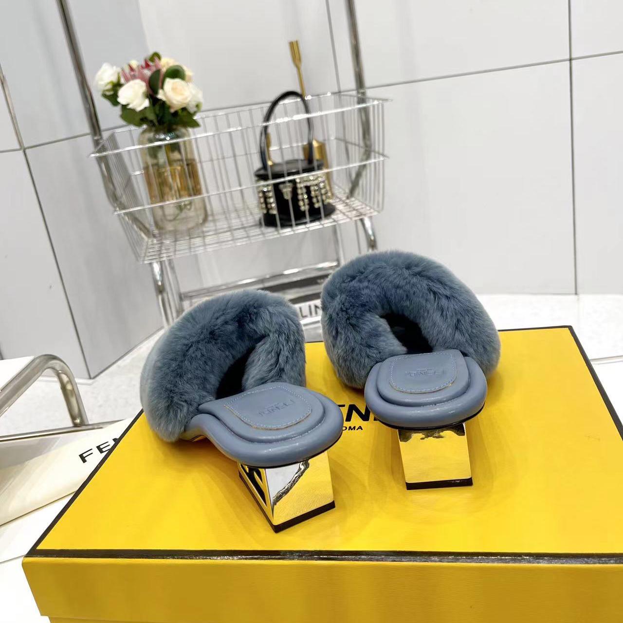 Fendi Baguette Blue Mink Slides - PerfectKickZ