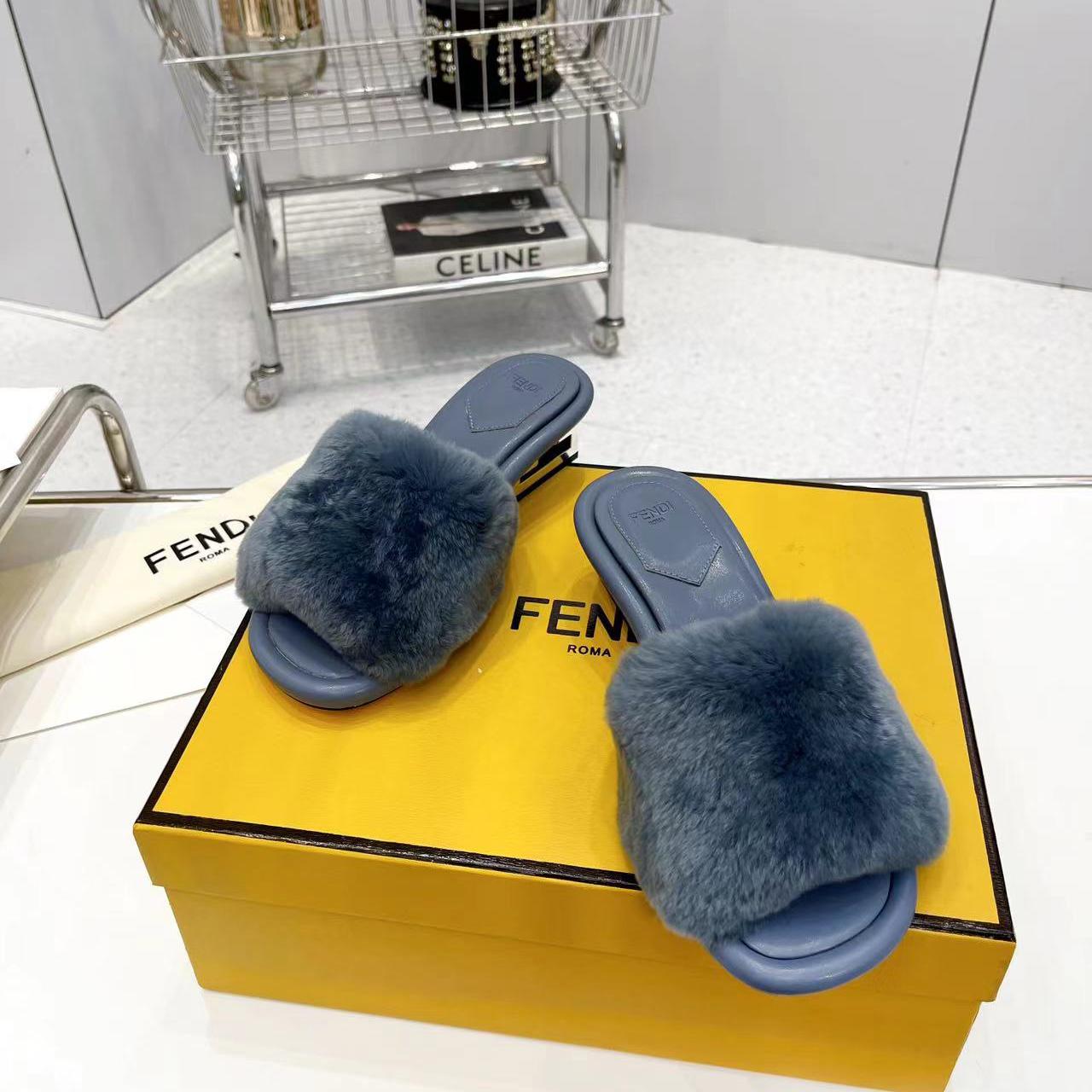 Fendi Baguette Blue Mink Slides - PerfectKickZ