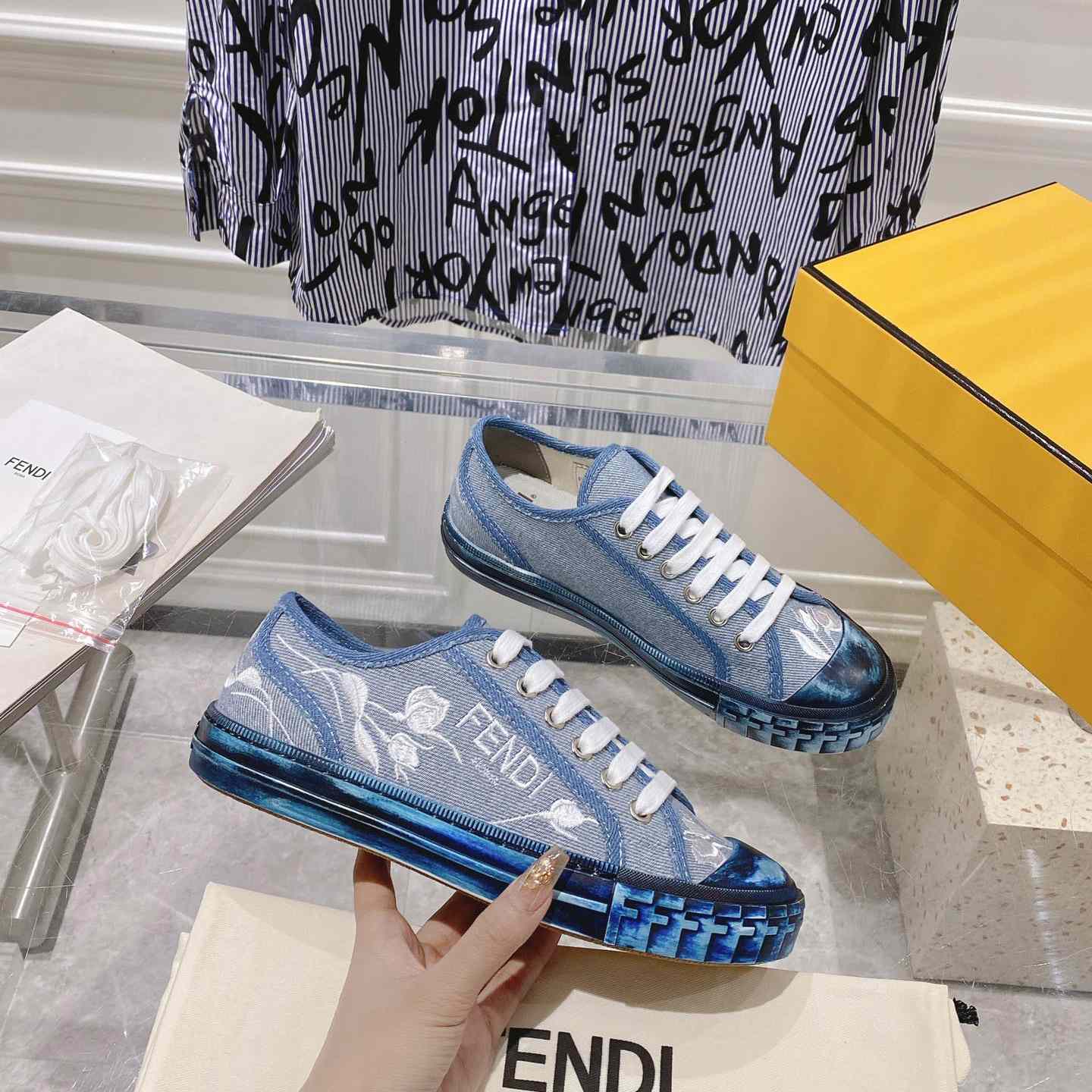 Fendi Domino Light Blue Denim Low Tops Sneakers - PerfectKickZ
