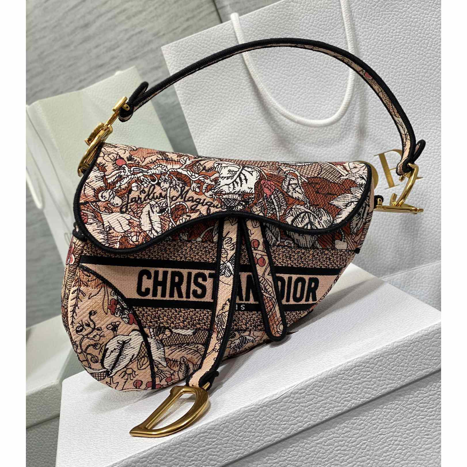 Dior Saddle Bag Metallic Pink Brocart Embroidery - PerfectKickZ