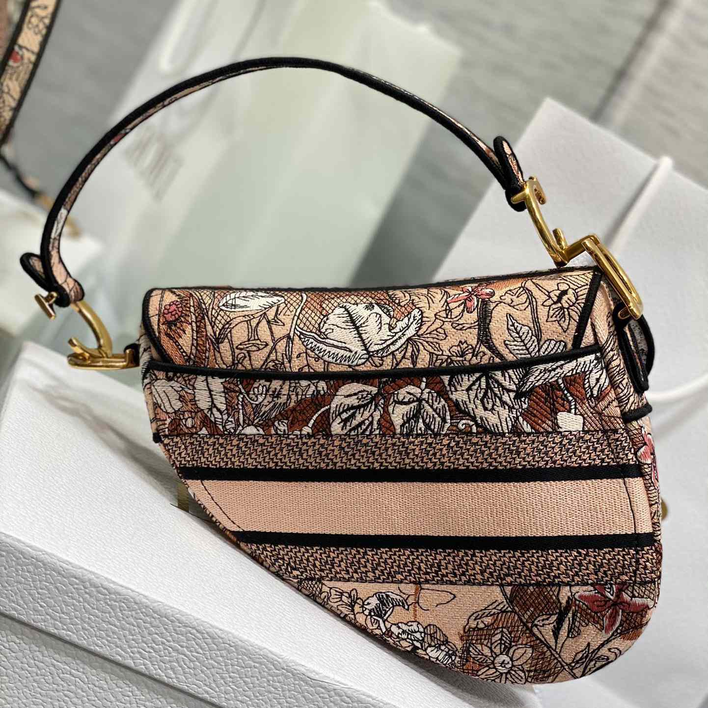 Dior Saddle Bag Metallic Pink Brocart Embroidery - PerfectKickZ