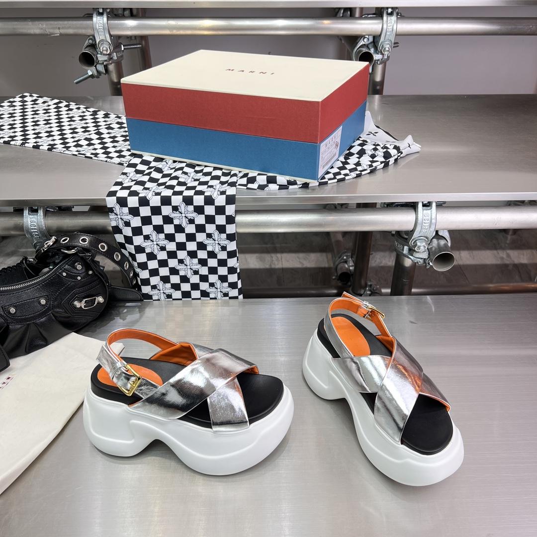 Marni Silver Mirrored Leather Criss-cross Aras 23 Sandal - PerfectKickZ