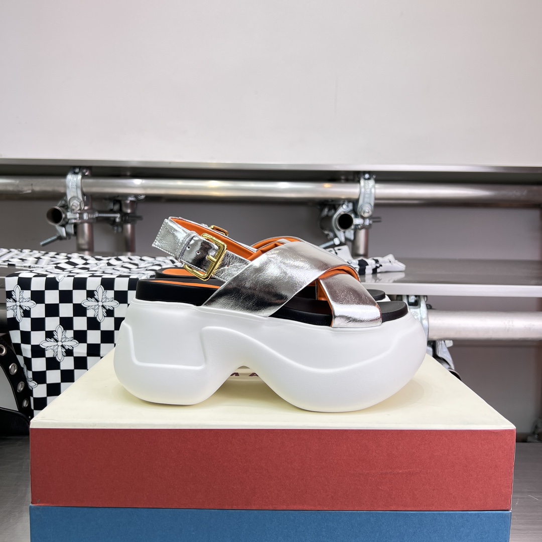 Marni Silver Mirrored Leather Criss-cross Aras 23 Sandal - PerfectKickZ