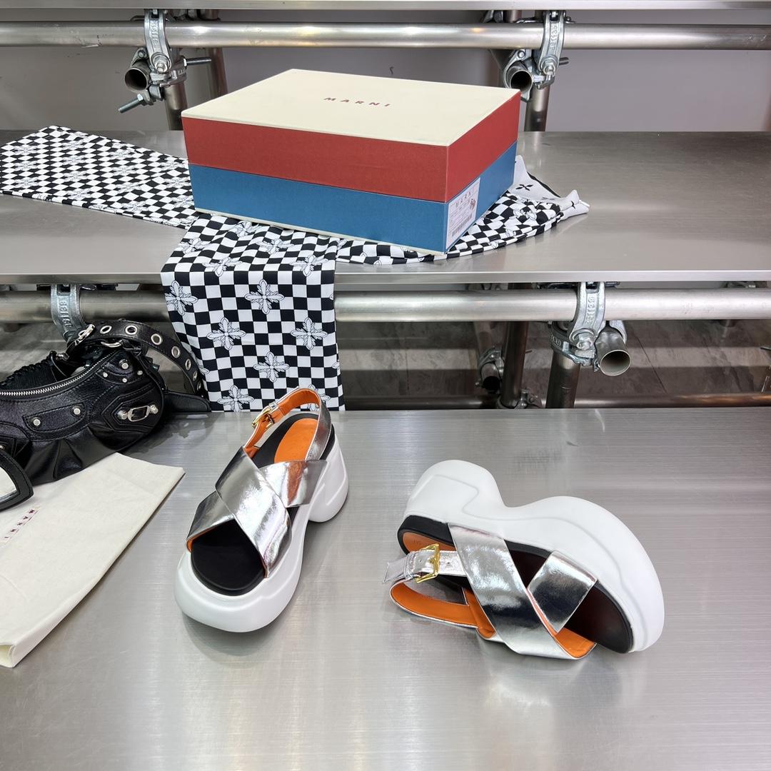 Marni Silver Mirrored Leather Criss-cross Aras 23 Sandal - PerfectKickZ