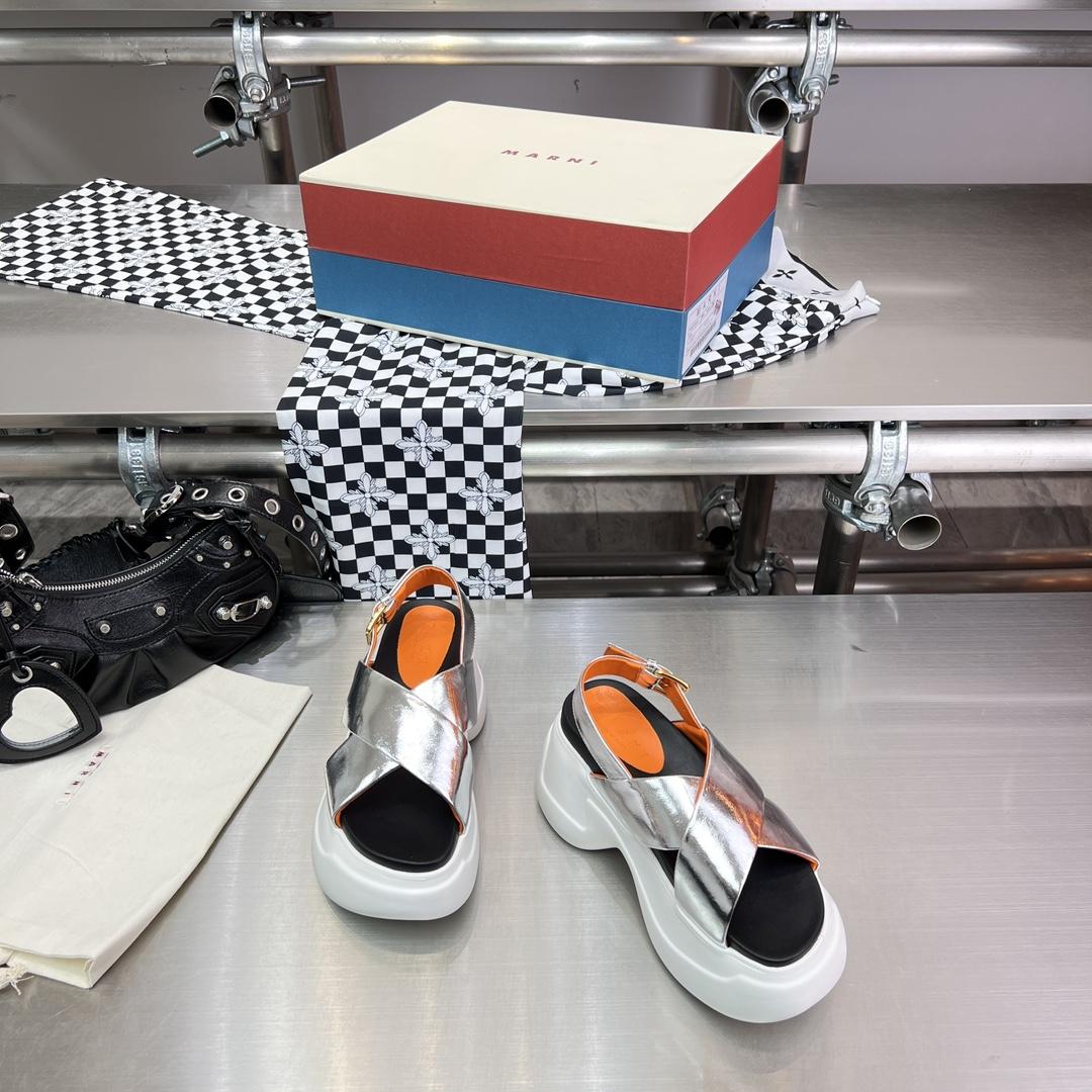 Marni Silver Mirrored Leather Criss-cross Aras 23 Sandal - PerfectKickZ