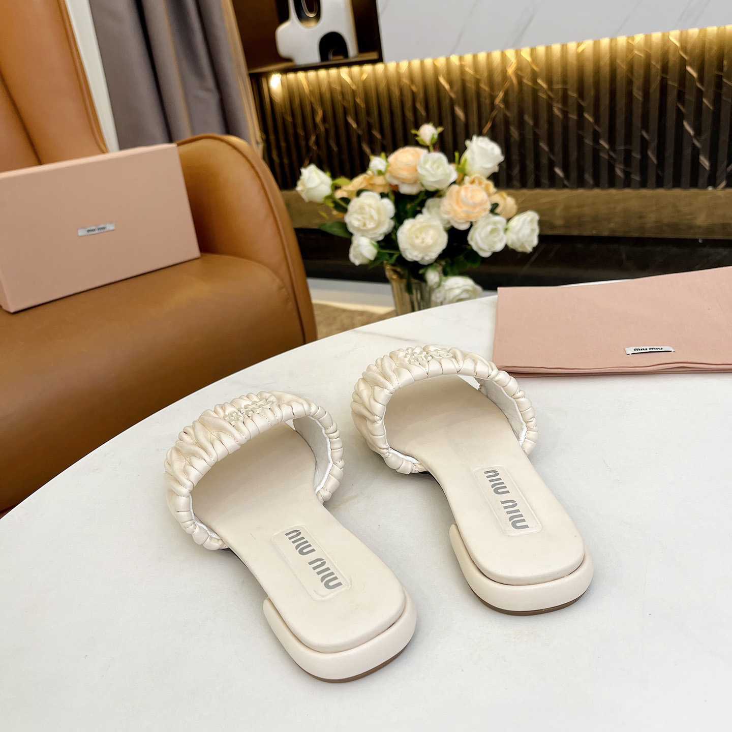 Miu Miu Matelassé Nappa Leather Slides - PerfectKickZ