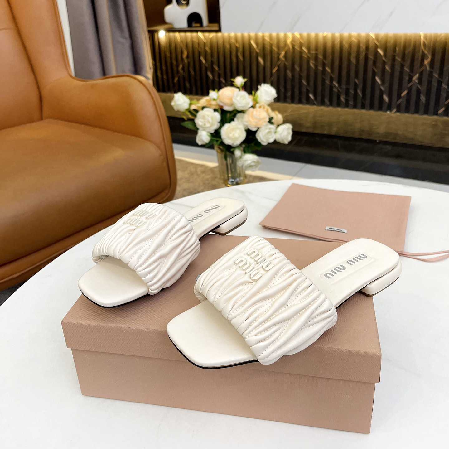 Miu Miu Matelassé Nappa Leather Slides - PerfectKickZ