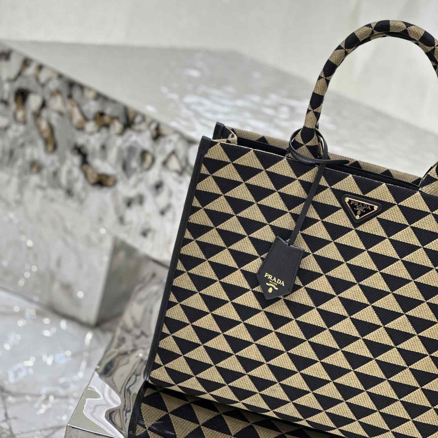 Prada Large Prada Symbole Embroidered Fabric Handbag - 