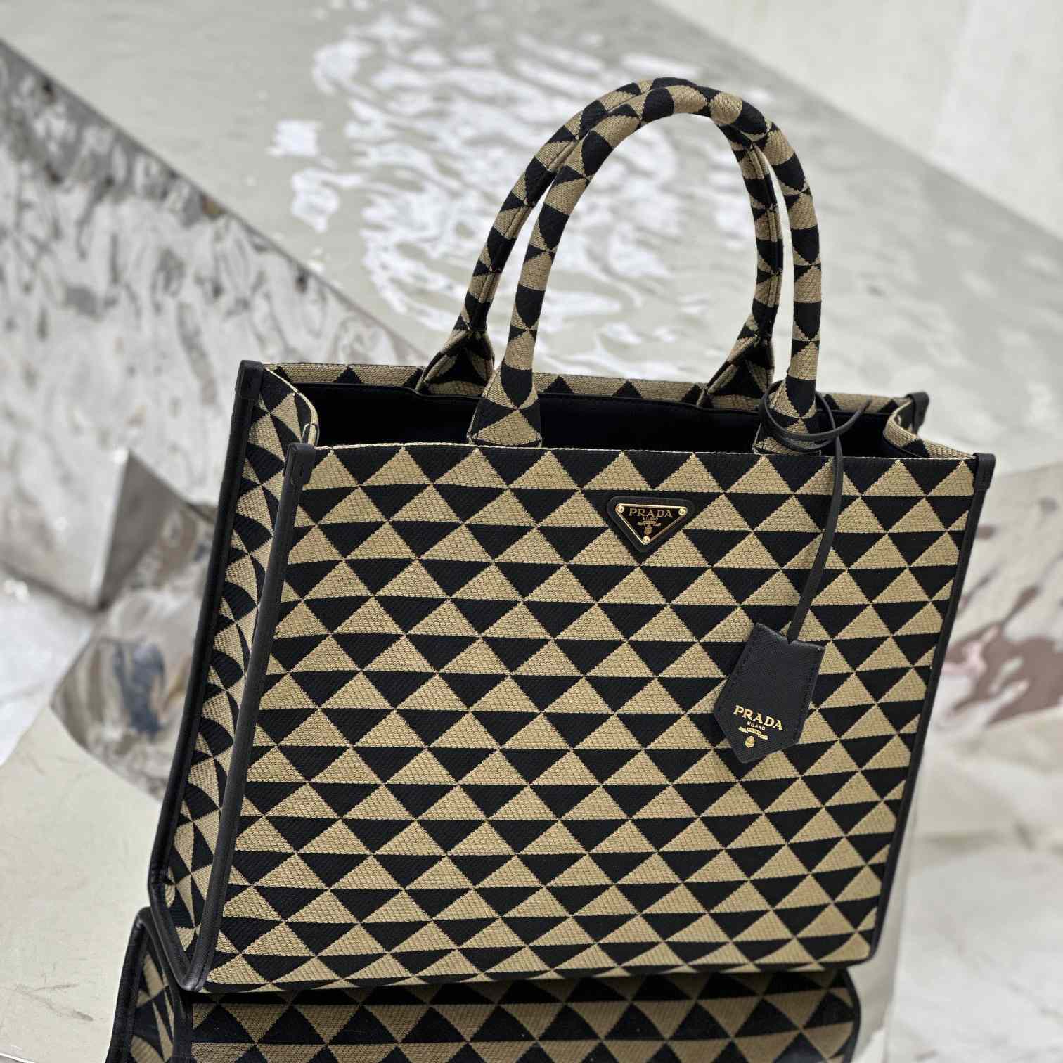 Prada Large Prada Symbole Embroidered Fabric Handbag - 