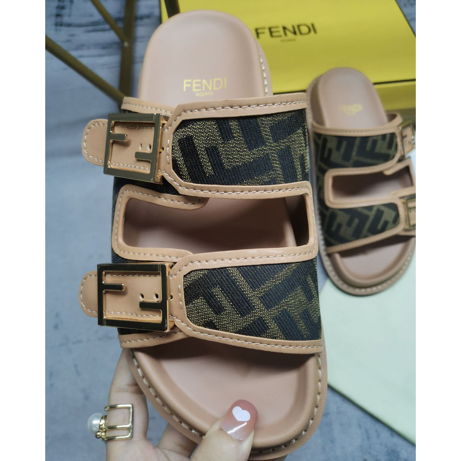 Fendi Feel Brown FF Fabric Slides - PerfectKickZ