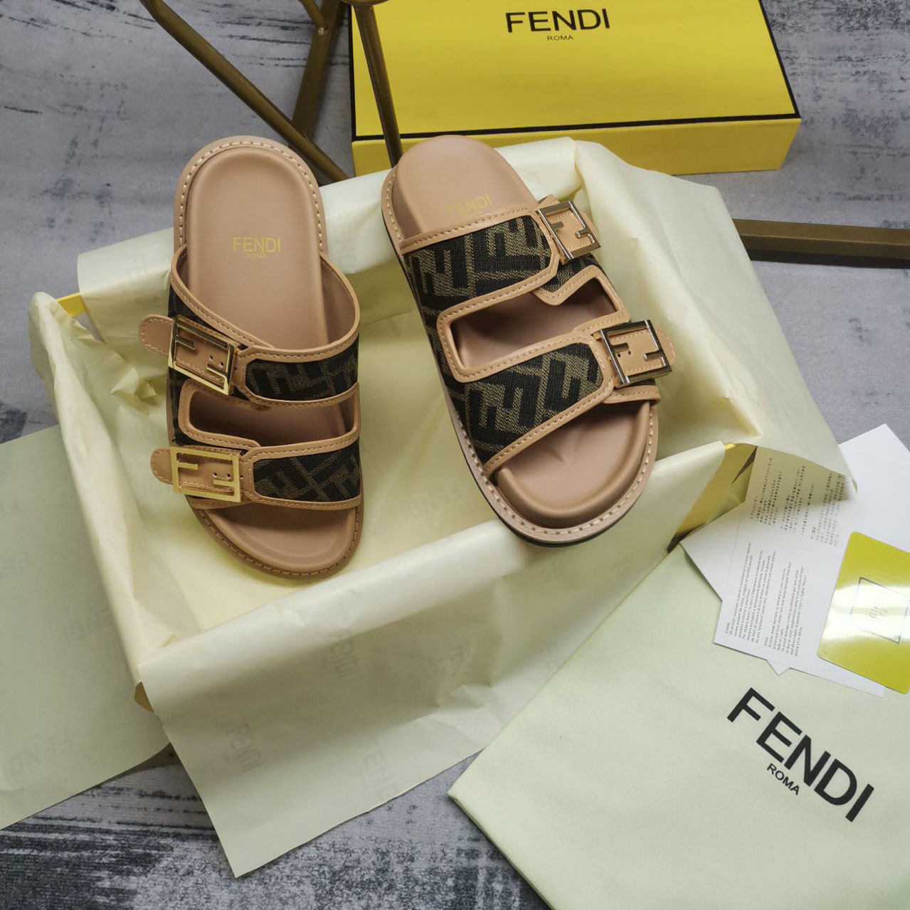 Fendi Feel Brown FF Fabric Slides - 