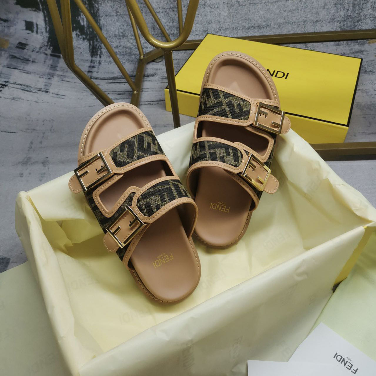 Fendi Feel Brown FF Fabric Slides - 