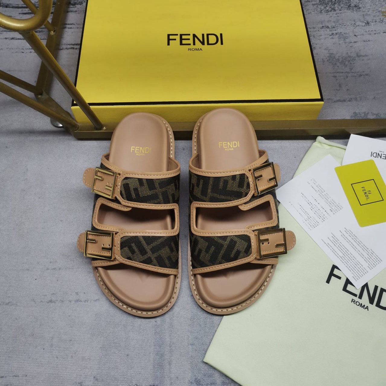 Fendi Feel Brown FF Fabric Slides - 