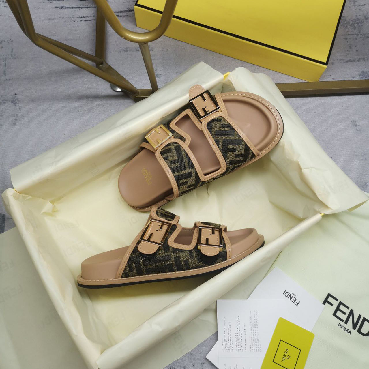 Fendi Feel Brown FF Fabric Slides - 