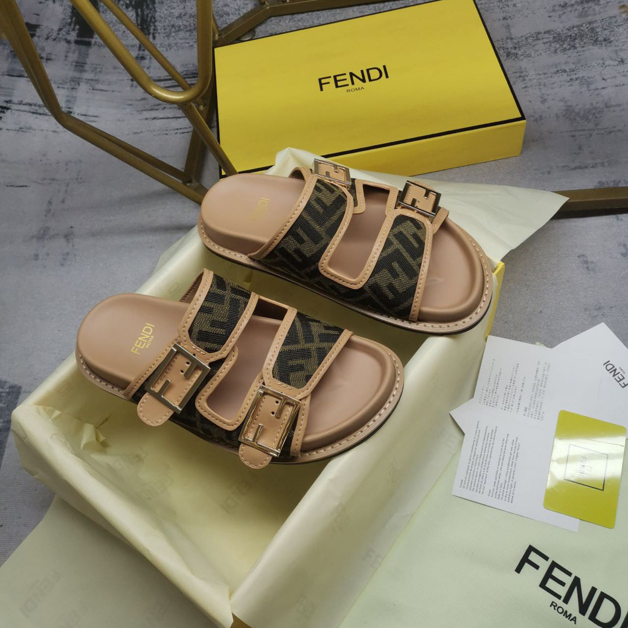 Fendi Feel Brown FF Fabric Slides - PerfectKickZ