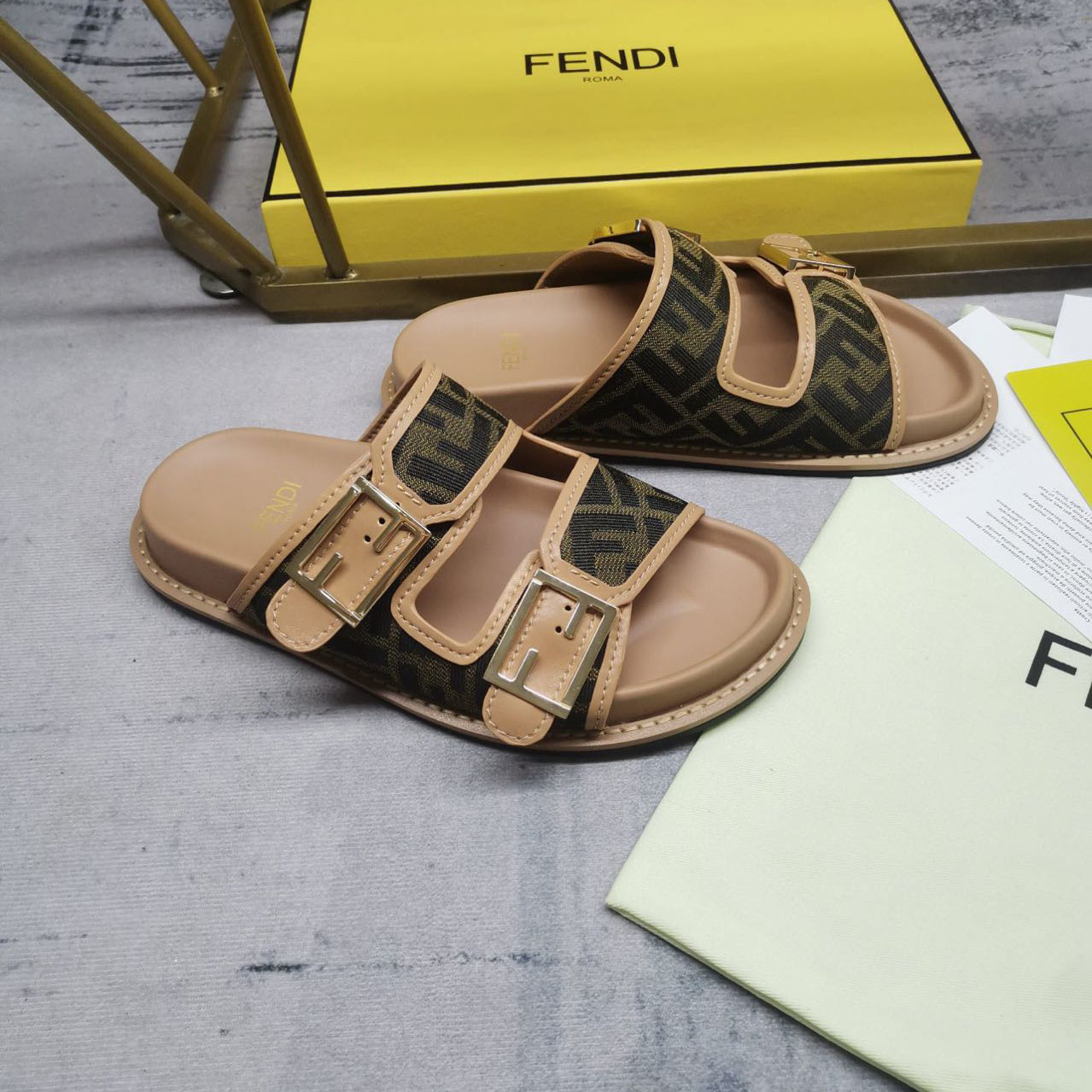 Fendi Feel Brown FF Fabric Slides - 