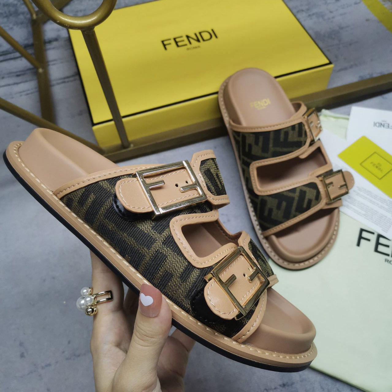 Fendi Feel Brown FF Fabric Slides - 
