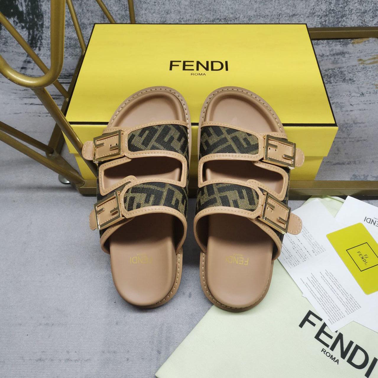 Fendi Feel Brown FF Fabric Slides - 
