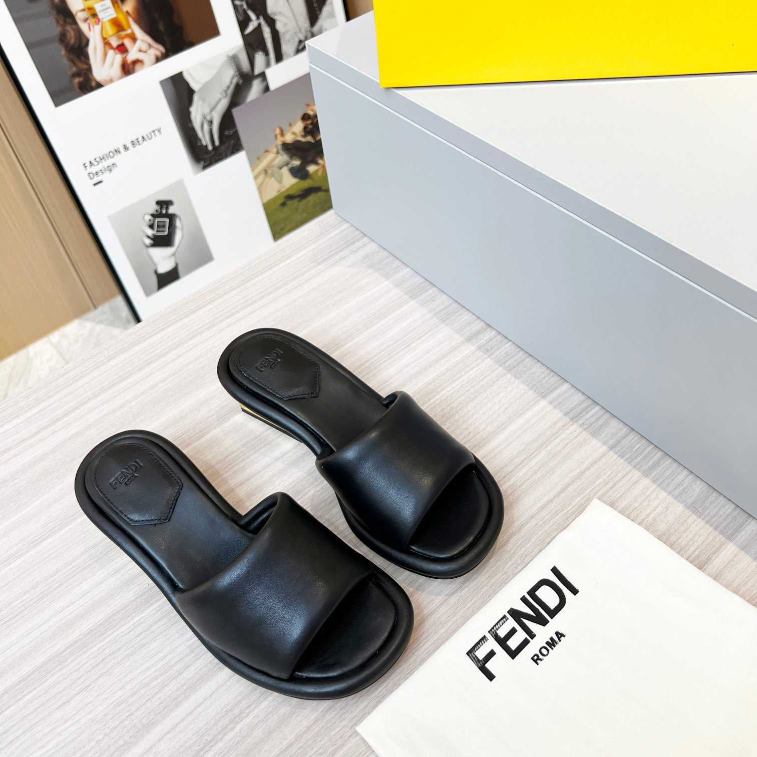 Fendi Baguette Black Nappa Leather Slides - PerfectKickZ