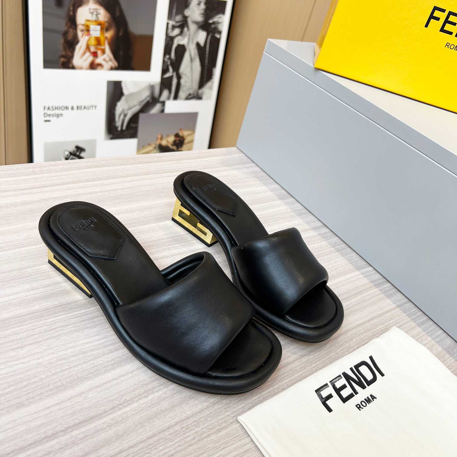 Fendi Baguette Black Nappa Leather Slides - PerfectKickZ
