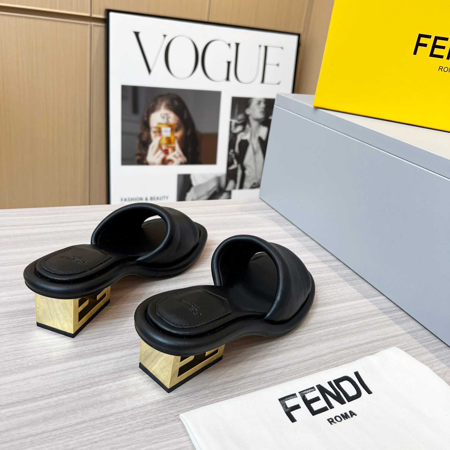 Fendi Baguette Black Nappa Leather Slides - PerfectKickZ