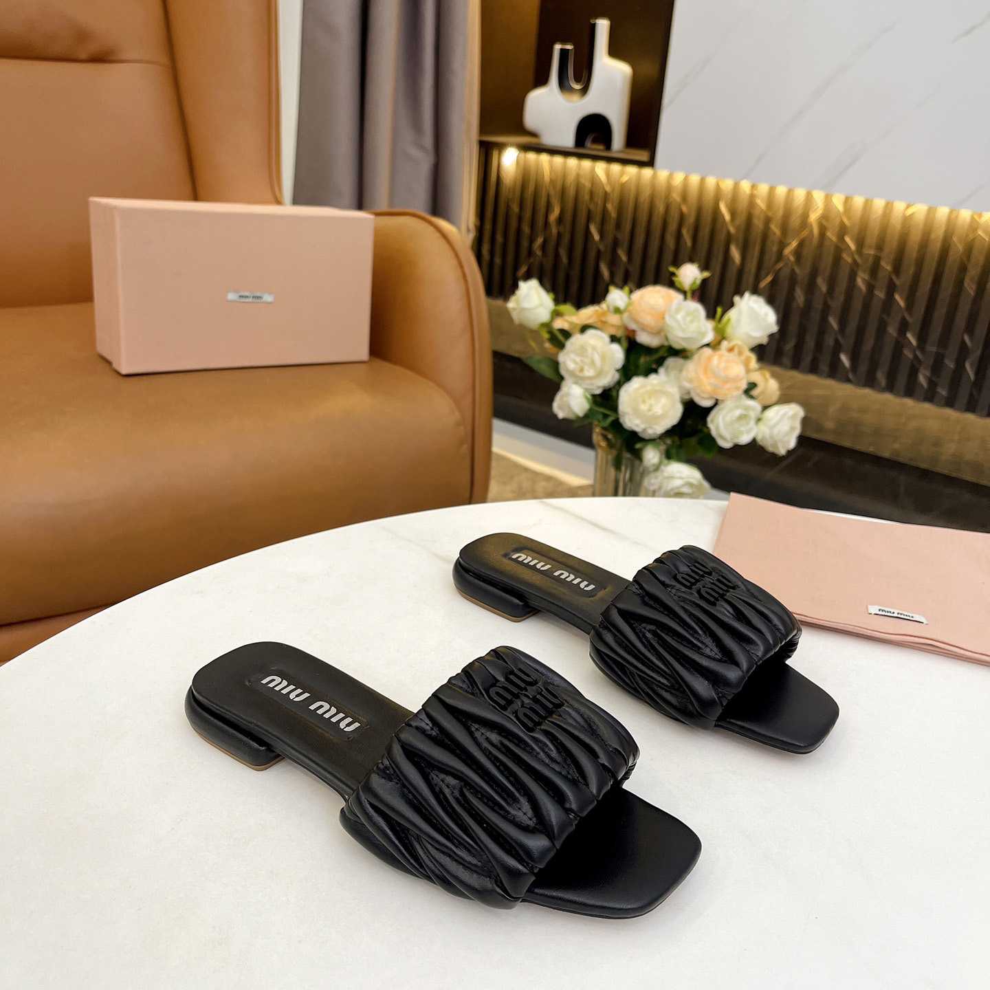 Miu Miu Matelassé Nappa Leather Slides - PerfectKickZ
