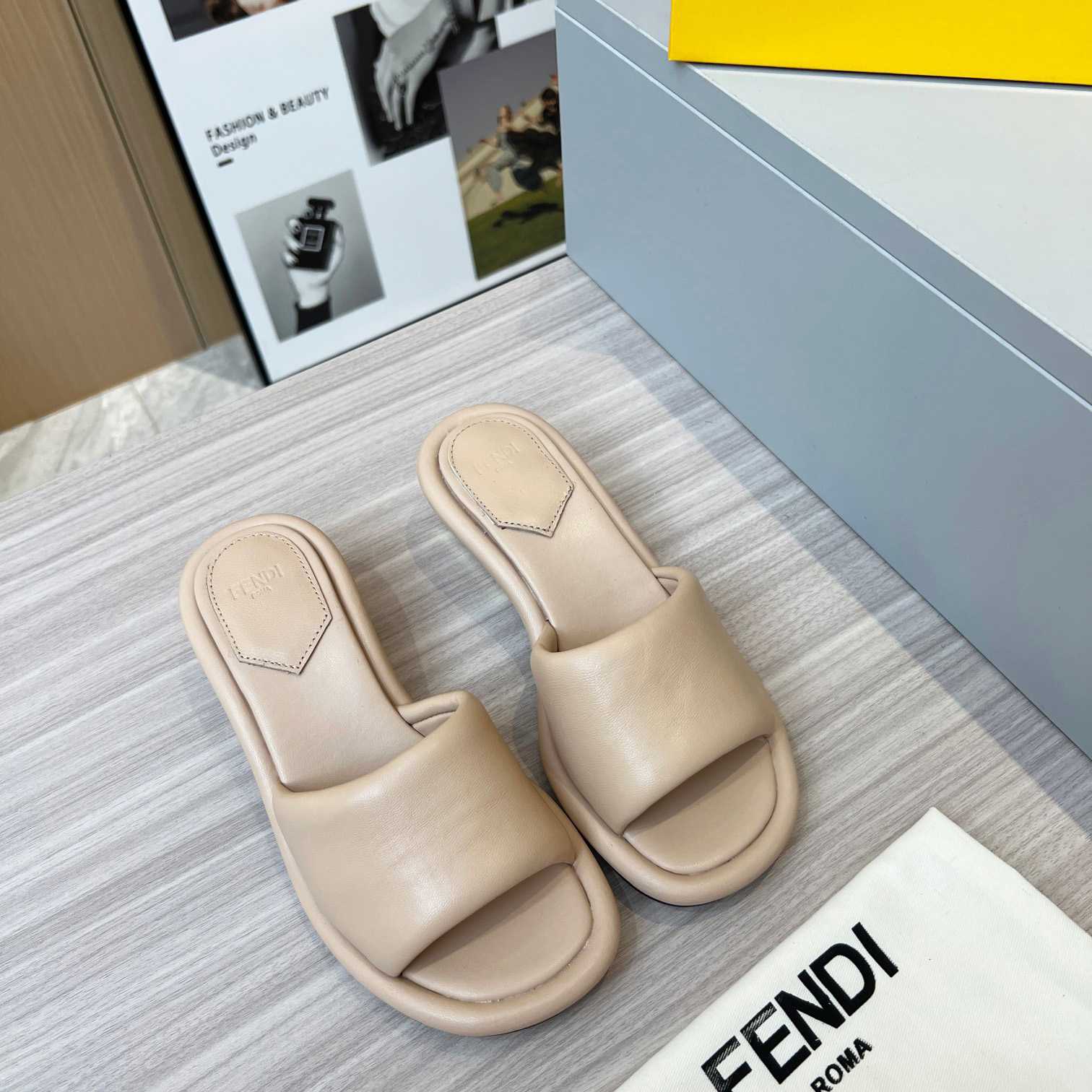 Fendi Baguette Beige Nappa Leather Slides - PerfectKickZ
