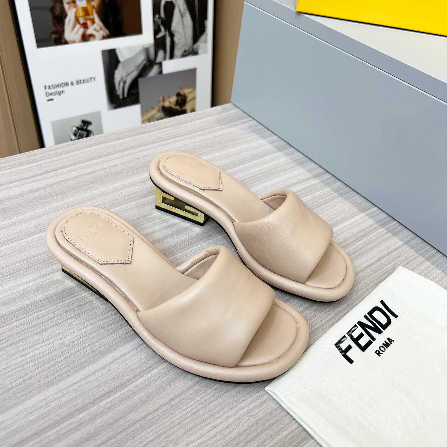 Fendi Baguette Beige Nappa Leather Slides - PerfectKickZ