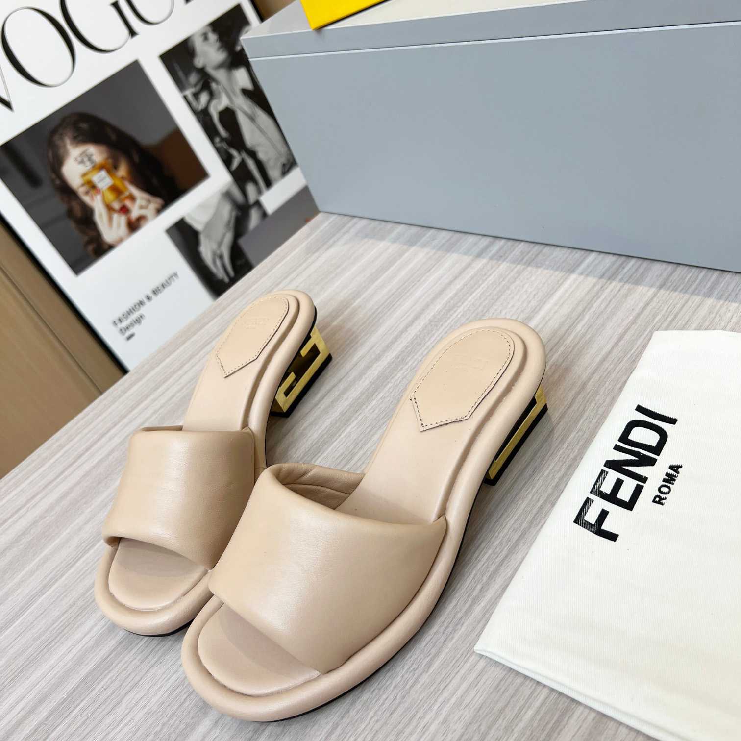Fendi Baguette Beige Nappa Leather Slides - PerfectKickZ