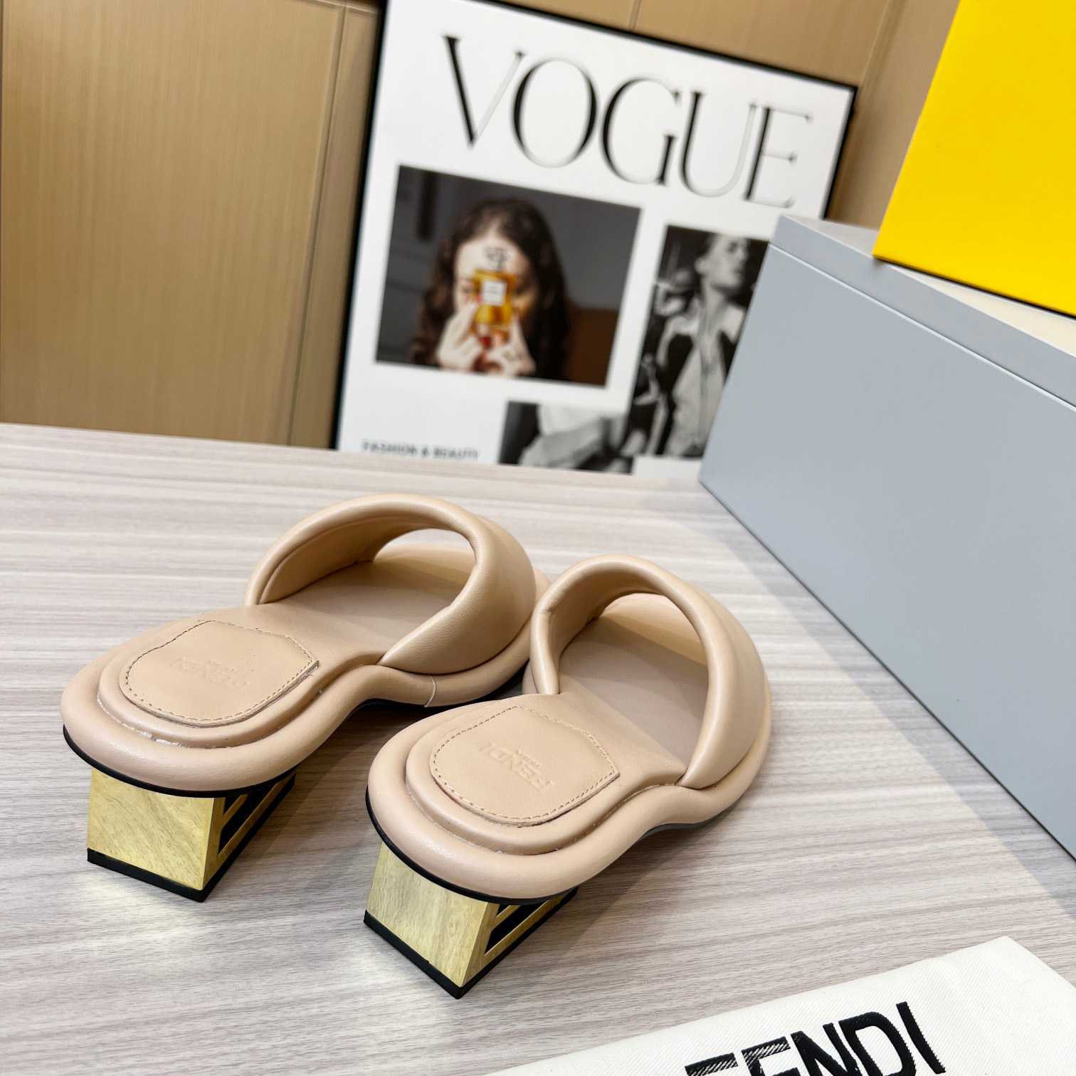 Fendi Baguette Beige Nappa Leather Slides - PerfectKickZ