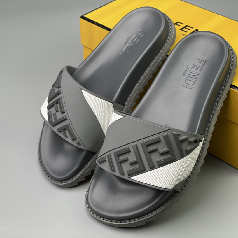 Fendi Gray Rubber Slides - 
