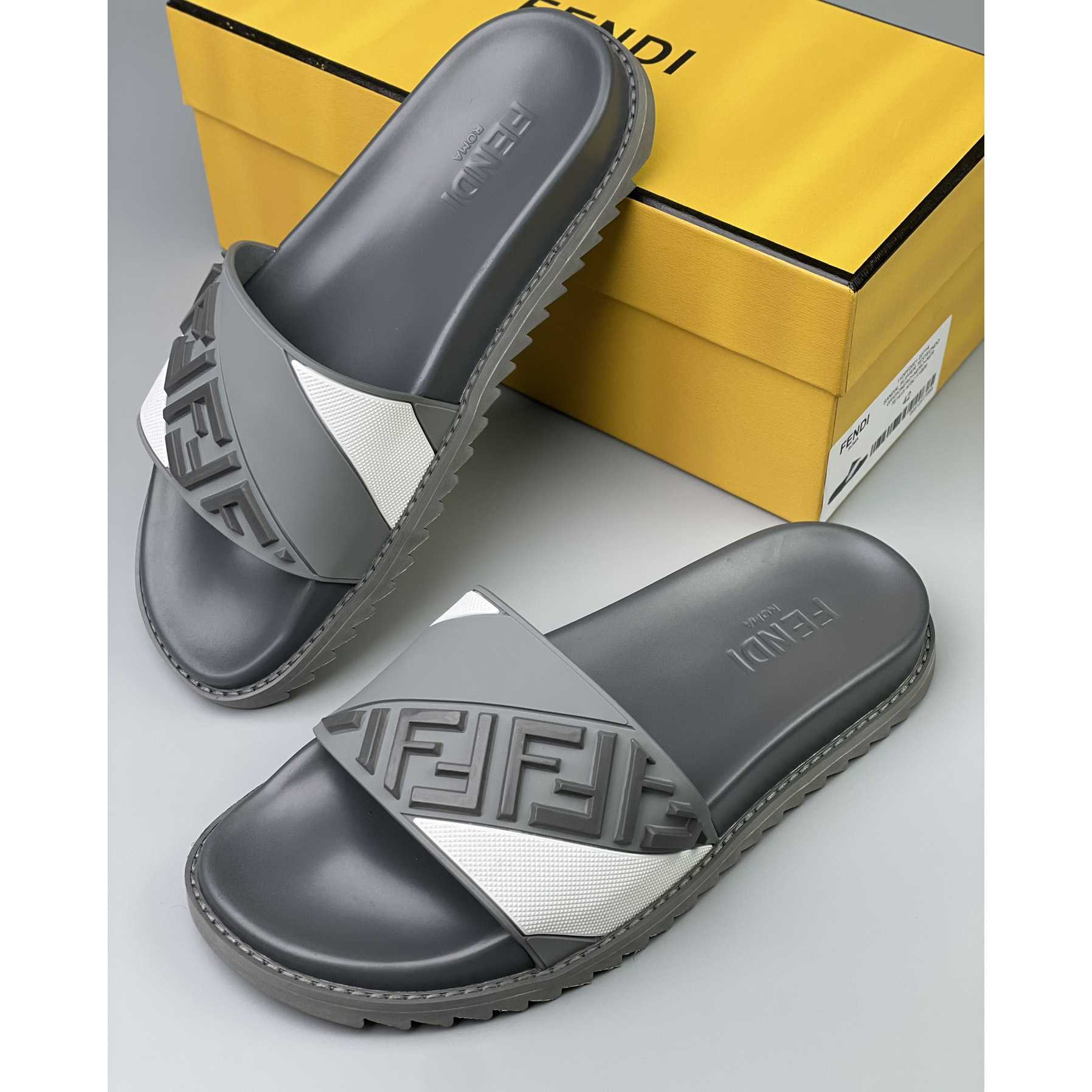 Fendi Gray Rubber Slides - 